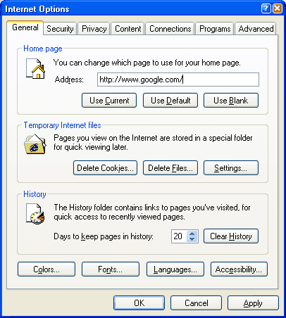 Interne Explorer General Tab