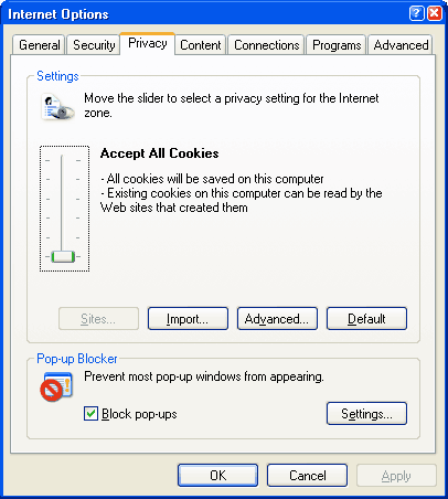 Interne Explorer Privacy Tab